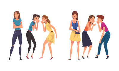 Girls gossiping and spreading rumors behind passing girls set cartoon vector illustration