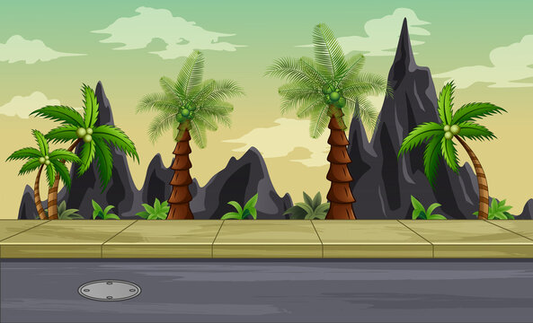 Background scene with rocks and palm trees along the way