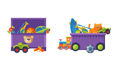 Box full of toys set. Ball, cat, train, car colorful toys for kids cartoon vector illustration