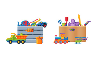 Plastic box full of toys set. Truck, train, teddy bear, trumpet, helicopter colorful toys for kids cartoon vector illustration