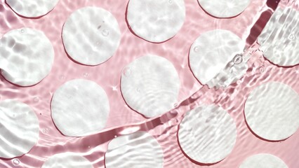 Water waves creates ripples and bubbles spontaneously above cotton pads arranged in rows on pink background | Make-up background shot for its commercial