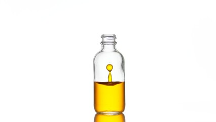 Drop of vitamin C is falling down into clear medical bottle with yellow transparent liquid on white background | Abstract skincare cosmetics with vitamin C formulation concept