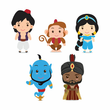 Set of chibi Aladdin cartoon vector illustration