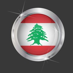 Flag of Lebanon in circle. 3D effect. Glossy and shiny button with metal frame and sparkles. Light reflection. Round Graphic design element. Isolated on gray background. Vector image EPS10