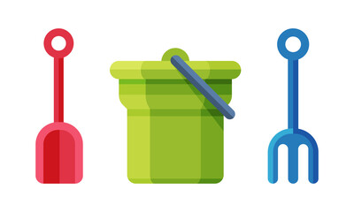 Baby toys set. Plastic bucket, scoop and rake cartoon vector illustration - obrazy, fototapety, plakaty