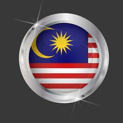 Flag of Malaysia in circle. 3D effect. Glossy and shiny button with metal frame and sparkles. Light reflection. Round Graphic design element. Isolated on gray background. Vector image EPS10