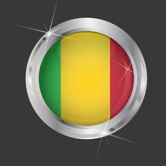 Fototapeta premium Flag of Mali in circle. 3D effect. Glossy and shiny button with metal frame and sparkles. Light reflection. Round Graphic design element. Isolated on gray background. Vector image EPS10