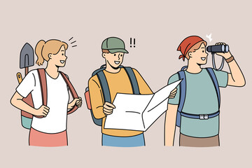 Happy archeologists with tools and map ready for treasure or historic artifact hunting. Smiling diverse researchers or historians with archeological equipment. Flat vector illustration. 