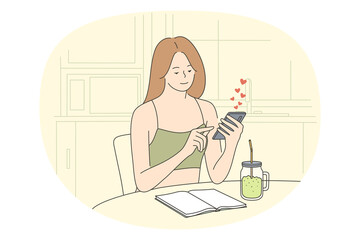 Online dating and romance concept. Young positive woman sitting at table holding smartphone in hands chatting and dating online vector illustration 