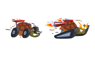 Funny fast turtles set. Tortoise on wheels cartoon vector illustration