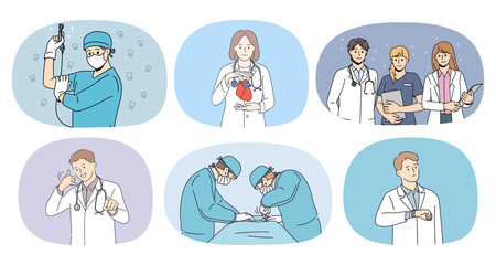 Set of team of diverse doctors help patients in hospital. Collection of medical workers or nurses give aid or assistance to people in clinic. Medicine and healthcare. Vector illustration.