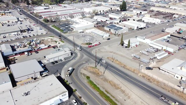 Aerial Drone of Firetruck in Urban Industrial Area in California 4k