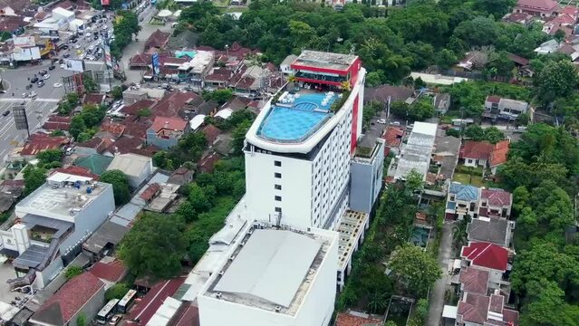Aerial pan of Indoluxe Hotel with rooftop pool, Yogyakarta, Indonesia