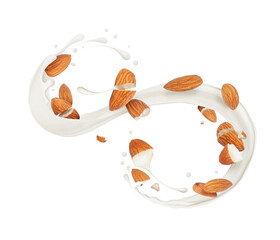 Crushed almonds with a splash of milk, isolated on a white background