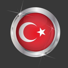 Flag of Turkey in circle. 3D effect. Glossy and shiny button with metal frame and sparkles. Light reflection. Round Graphic design element. Isolated on gray background. Vector image EPS10