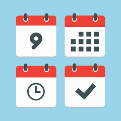 Icons calendar number 9, agenda app, timer, done