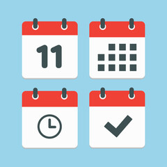 Icons calendar number 11, agenda app, timer, done