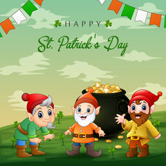 Happy St Patrick's Day background with dwarfs and a pot of gold