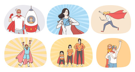 Set of diverse people in superhero costumes show strength and power. Collection of men and women act as heroes demonstrate motivation and leadership. Winner and victory. Vector illustration. 