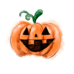 Funny watercolor smiling pumpkin coloren orange and green separeted on the white background