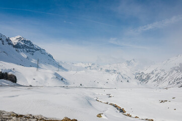 Bivio, Julierpass, Passstrasse, Passh&ouml;he, Engadin, Alpen, Piz Turba, Piz Platta, Winter, Winterwanderweg, Wintersport, Graub&uuml;nden, Morgennebel, Schweiz