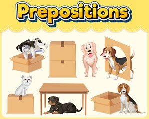 Fototapeta premium Prepostion wordcard design with dog and boxes