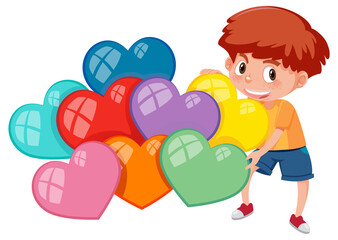 Different colors of hearts with a boy cartoon character