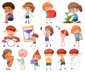 Set of children doing different activities on white background
