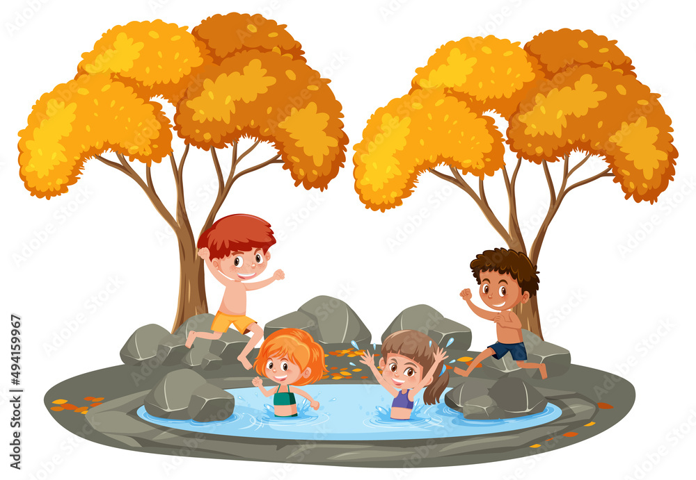 Wall mural Isolated outdoor park with children swimming