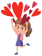 A little girl with many red hearts