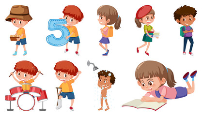 Set of children doing different activities on white background