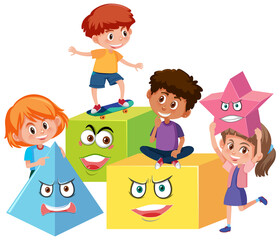 Children character holding geometry shapes