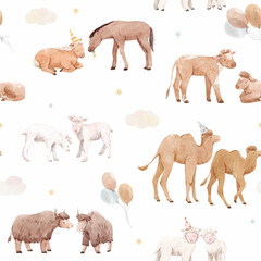 Beautiful seamless pattern with cute watercolor hand drawn wild animals. Horse camel cow yak families. Stock illustration.