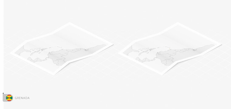 Set of two realistic map of Grenada with shadow. The flag and map of Grenada in isometric style.