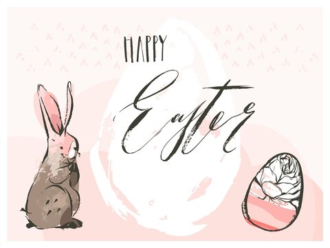 Hand drawn vector abstract graphic scandinavian Happy Easter cute simple bunny,eggs illustrations greeting card and Happy Easter handwritten calligraphy isolated on pink pastel colored background