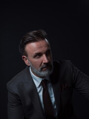 Obraz premium Portrait of a stylish elegant senior businessman with a beard and casual business clothes in photo studio isolated on dark background gesturing with hands