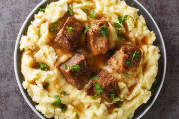 Greek Sofrito Slow braised beef with spicy gravy garnished with mashed potatoes close-up in a plate on the table. horizontal top view from above