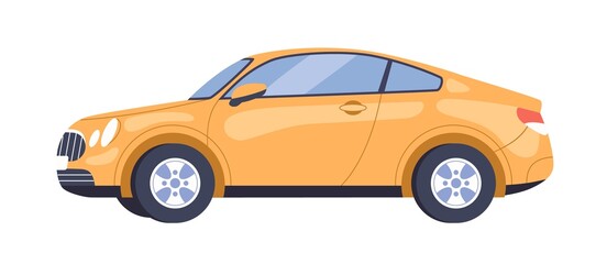 Two-door car, side view. New yellow auto profile. Automobile, modern road transport with wheels. Abstract model. Flat vector illustration isolated on white background © Good Studio