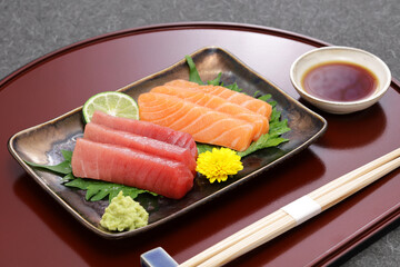 tuna and salmon sashimi, japanese food