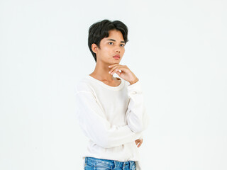 Portrait isolated studio shot of Asian young LGBTQ gay glamour happy handsome bisexual homosexual...