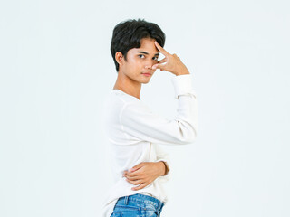 Portrait isolated studio shot of Asian young LGBTQ gay glamour happy handsome bisexual homosexual male fashion model in casual outfit standing straight smiling look at camera on white background