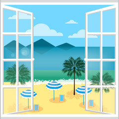 Summer vacation view from the hotel window to the beach, Sun loungers on the seashore and palm trees, flat minimalistic style, seascape Banner, Vector