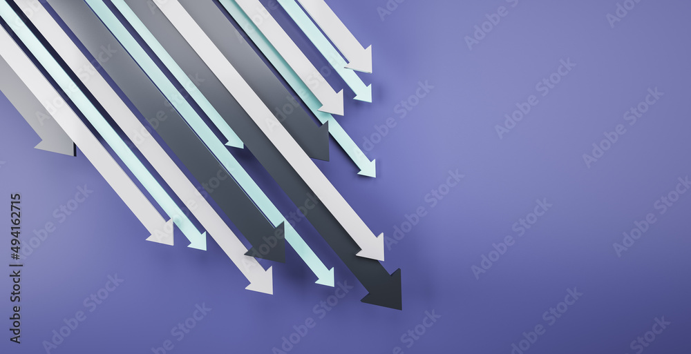 Poster downward chart arrows on purple background with mock up place. down, drop, finance and crisis concep