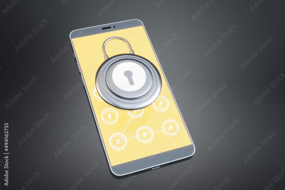 Aufkleber Close up of smartphone with creative padlock on screen. Black background. Secure device concept. 3D Rendering.