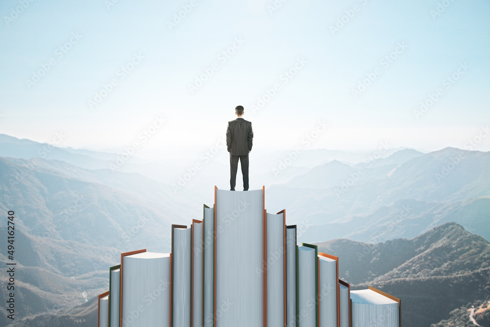 Aufkleber back view of businessman standing on book mountain on sky background with mock up place. education, 