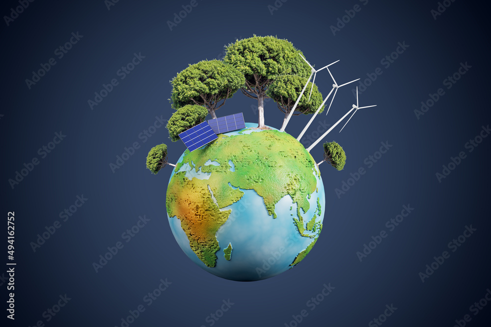 Poster creative globe with trees and solar panels on dark blue background. energy and sustainable concept. 