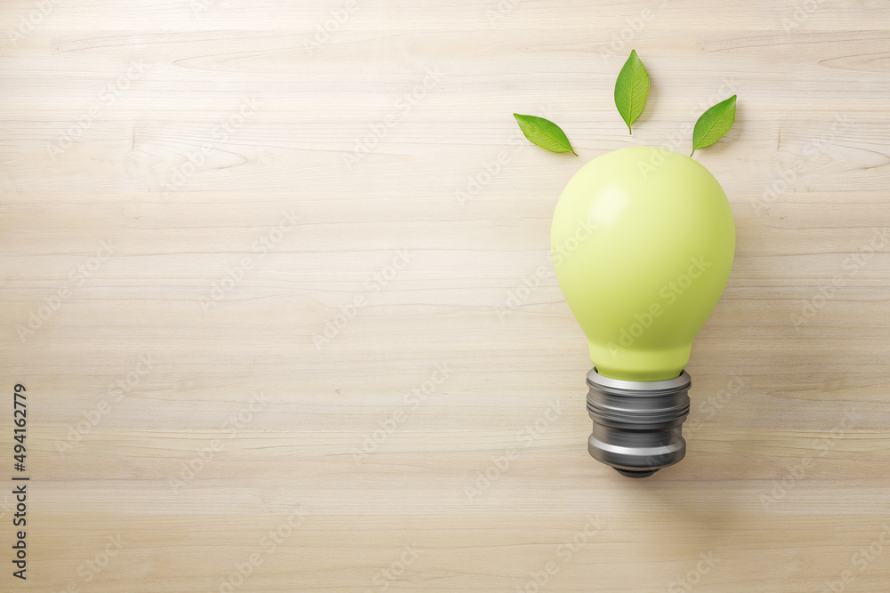 Poster Abstract green lamp on wooden background with mock up place. Energy and save concept. 3D Rendering.