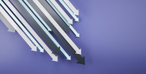 Obraz premium Downward chart arrows on purple background with mock up place. Down, drop, finance and crisis concept. 3D Rendering.