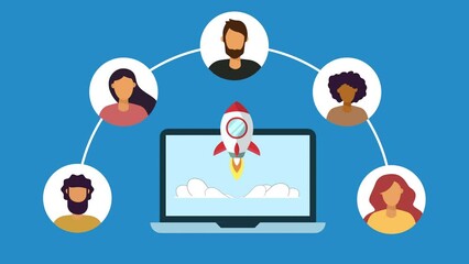 rocket on desktop screen animation..people network connection.4K motion animation