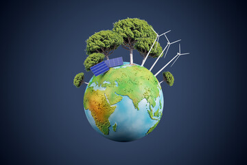 Creative globe with trees and solar panels on dark blue background. Energy and sustainable concept. 3D Rendering.